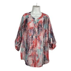 Zac & Rachel Plus Size 2X Tunic Top Pink Blue Watercolor Blouse Roll Tab Sleeve